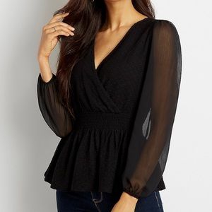 Black smocked waist sheer sleeves top